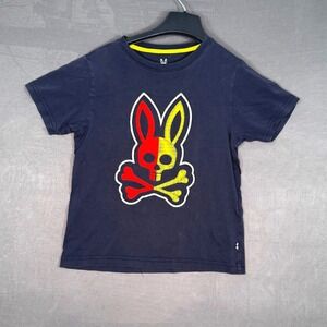 Psycho Bunny Youth M 10 12 Skull Bunny‎ Logo Graphic Tee Pima Cotton Navy